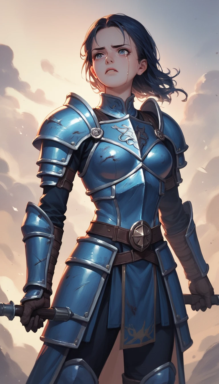 Princesa guerreira de anime em armadura azul segurando as lágrimas