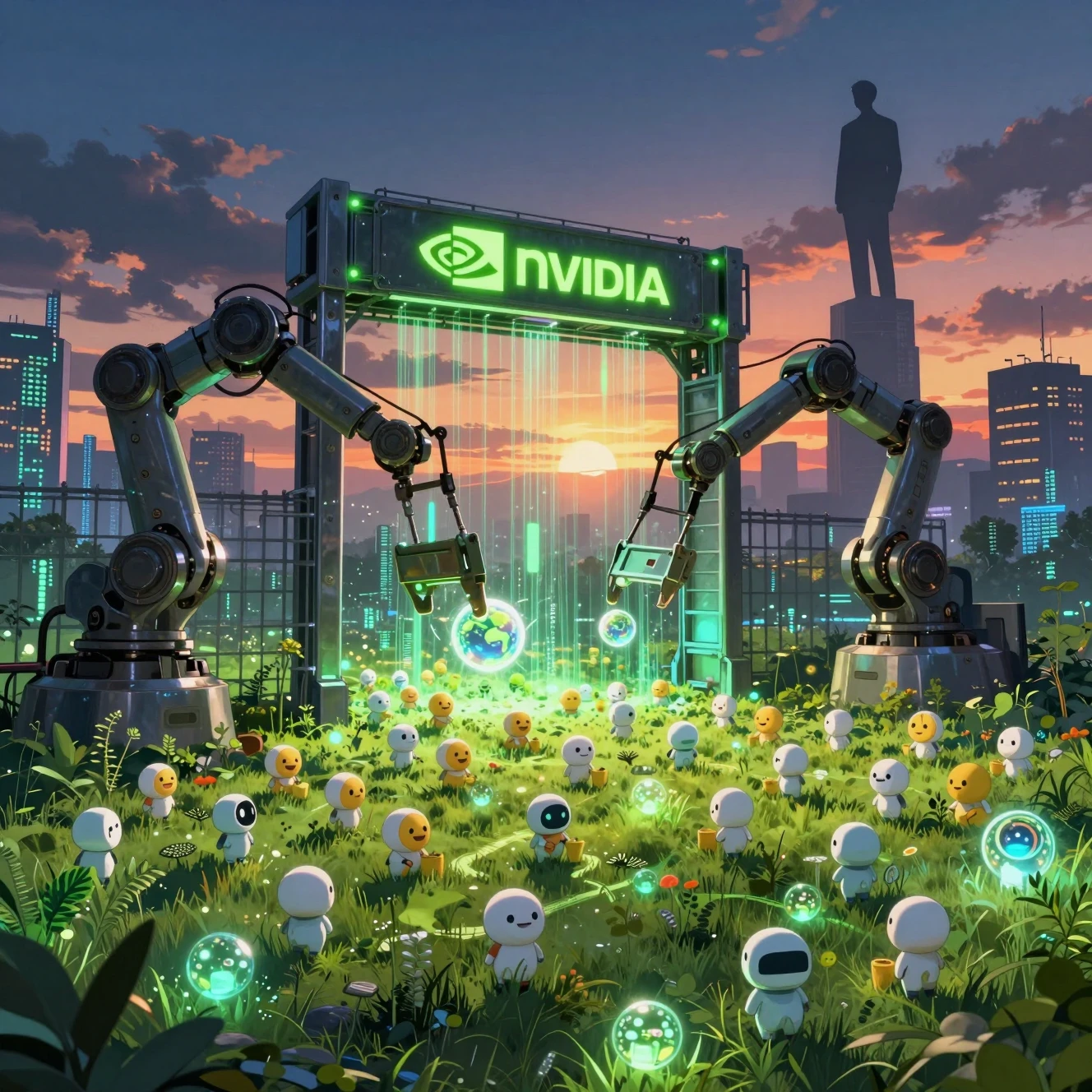 Robôs de anime em uma fazenda digital cercada ao pôr do sol neon
