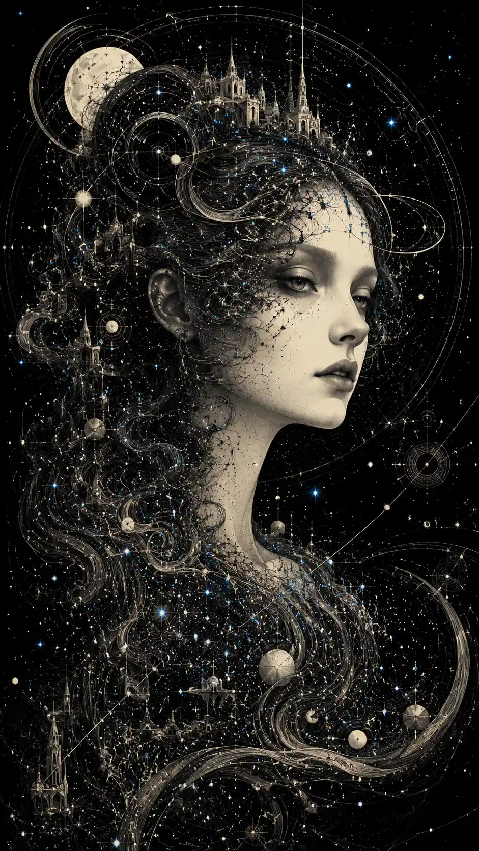 Surreal woman emerging from cosmic constellation map portrait