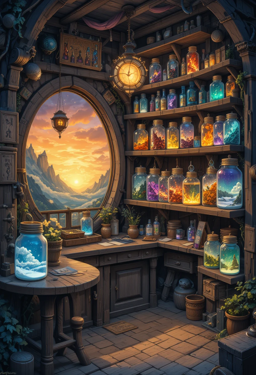 Winziger Fantasy-Wetterladen mit leuchtenden Glasgefäßen