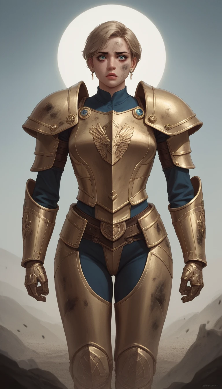 Guerreira de anime em armadura dourada lutando apesar da dor