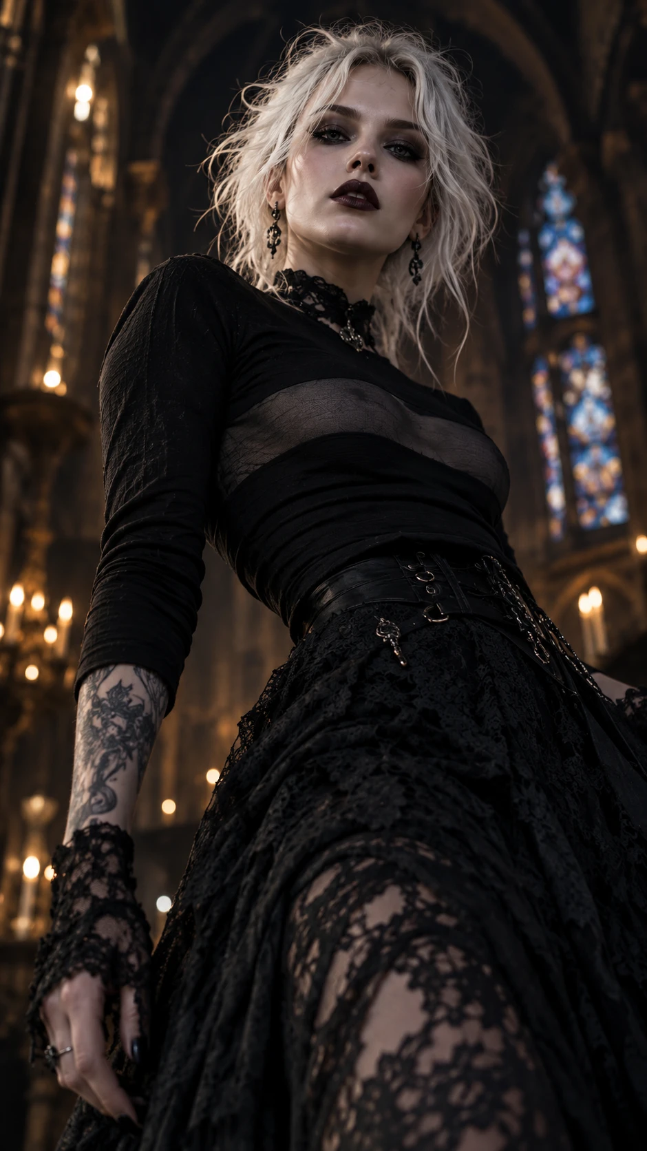 Mulher gótica em renda escura dentro de uma igreja sombria
