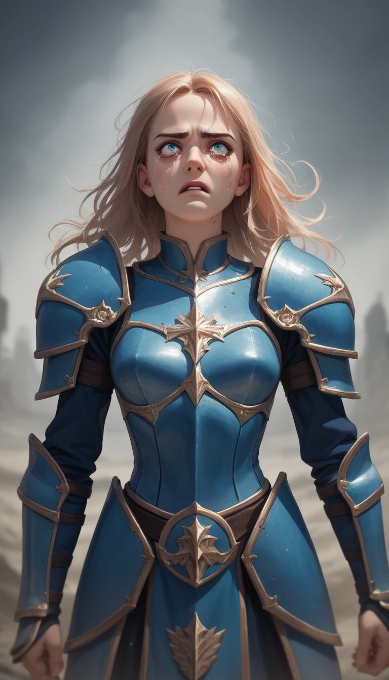 Close-up de princesa guerreira de anime em armadura azul chorando