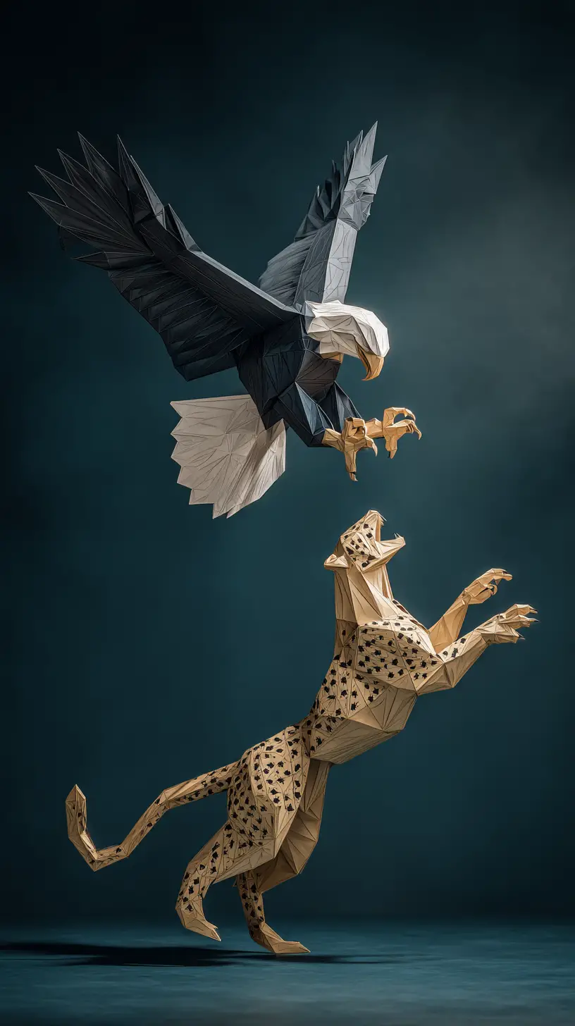 Low-Poly-Adler und Gepard prallen in der Luft aufeinander – Papercraft-Szene