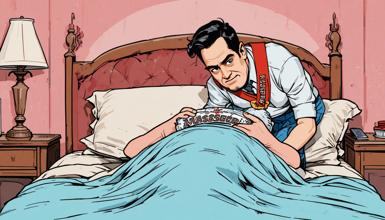 Cartoon masseur leaning over man on bed in bedroom