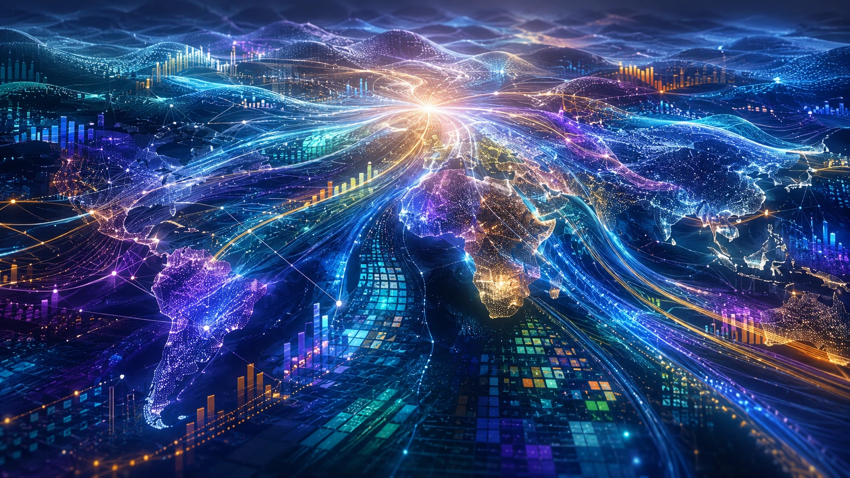 Panoramic abstract landscape of global data connections