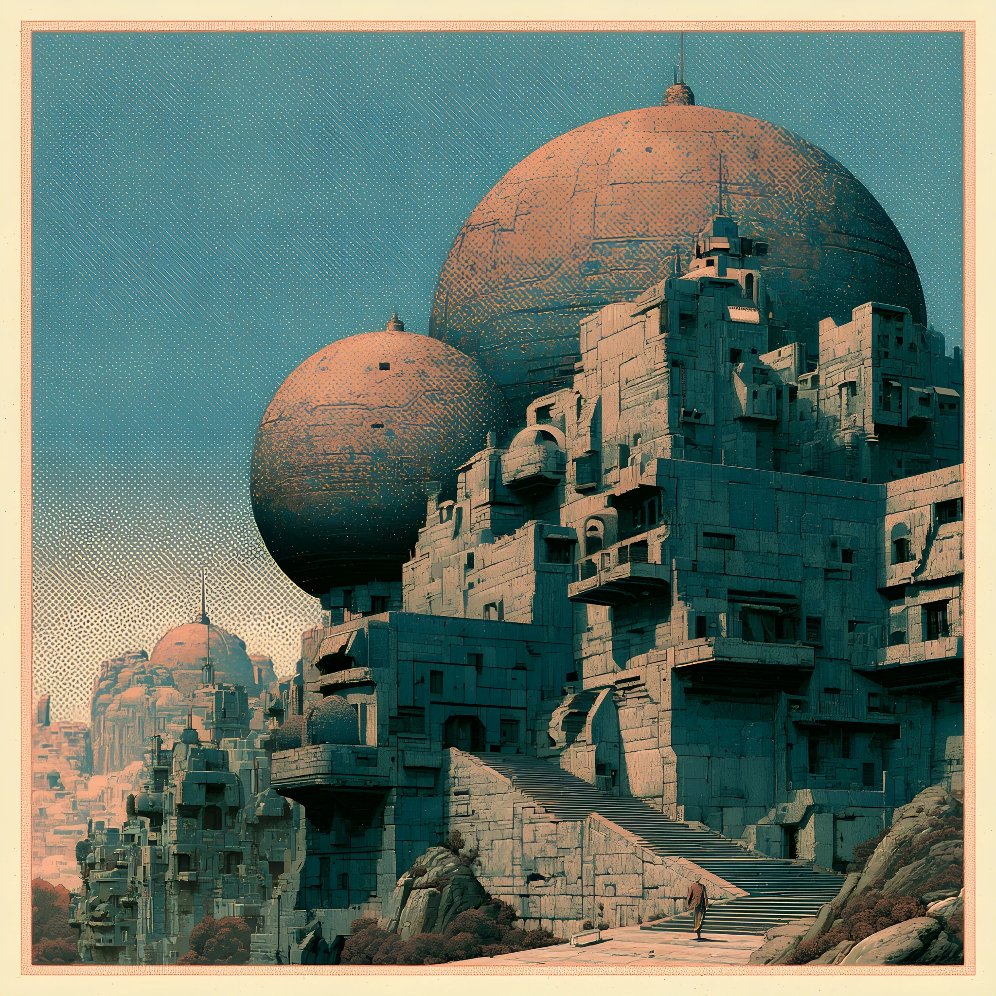 Mid-Century-Sci-Fi-Stadt mit hoch aufragenden futuristischen Gebäuden