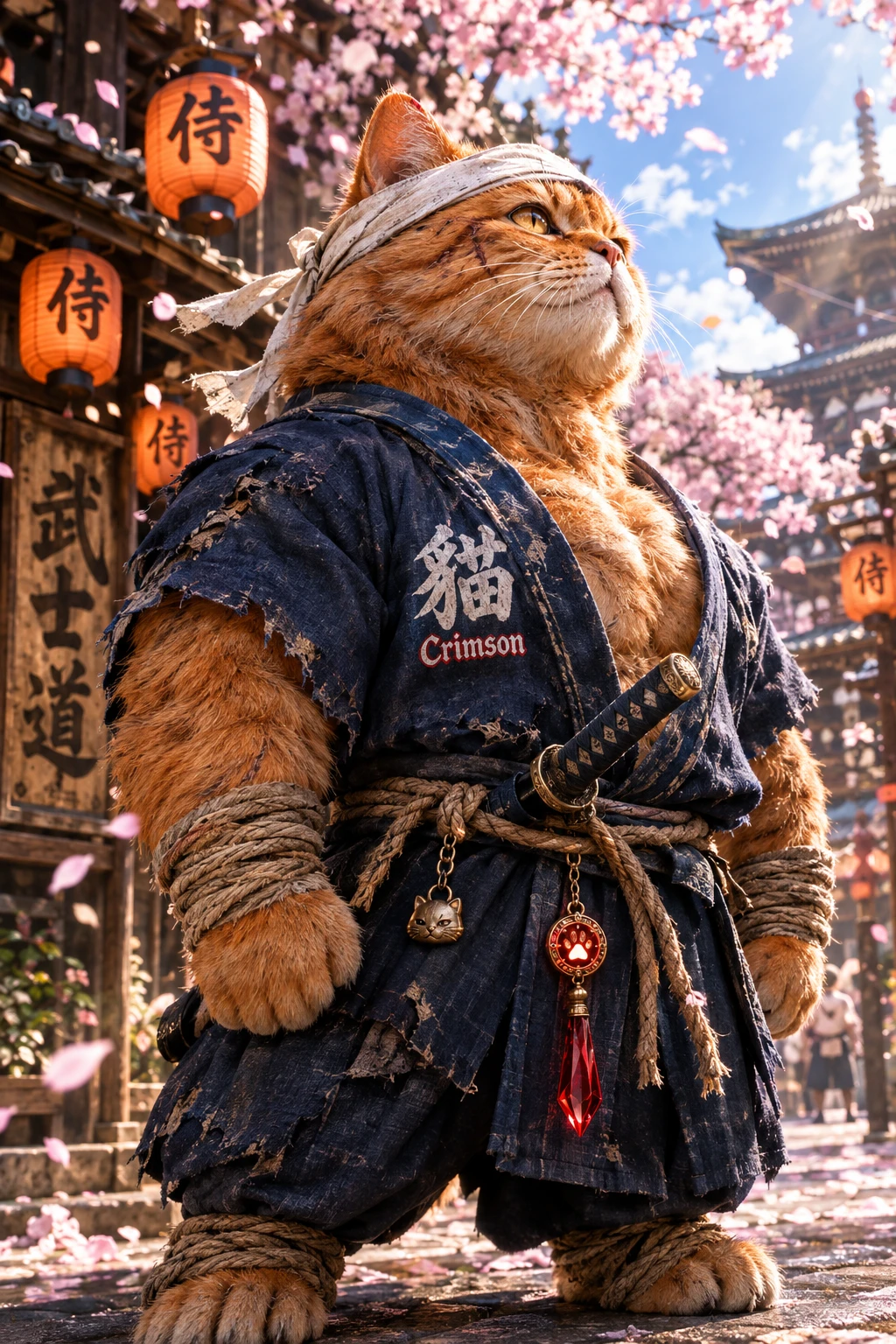 Gato guerreiro samurai tigrado em uma rua de flores de cerejeira