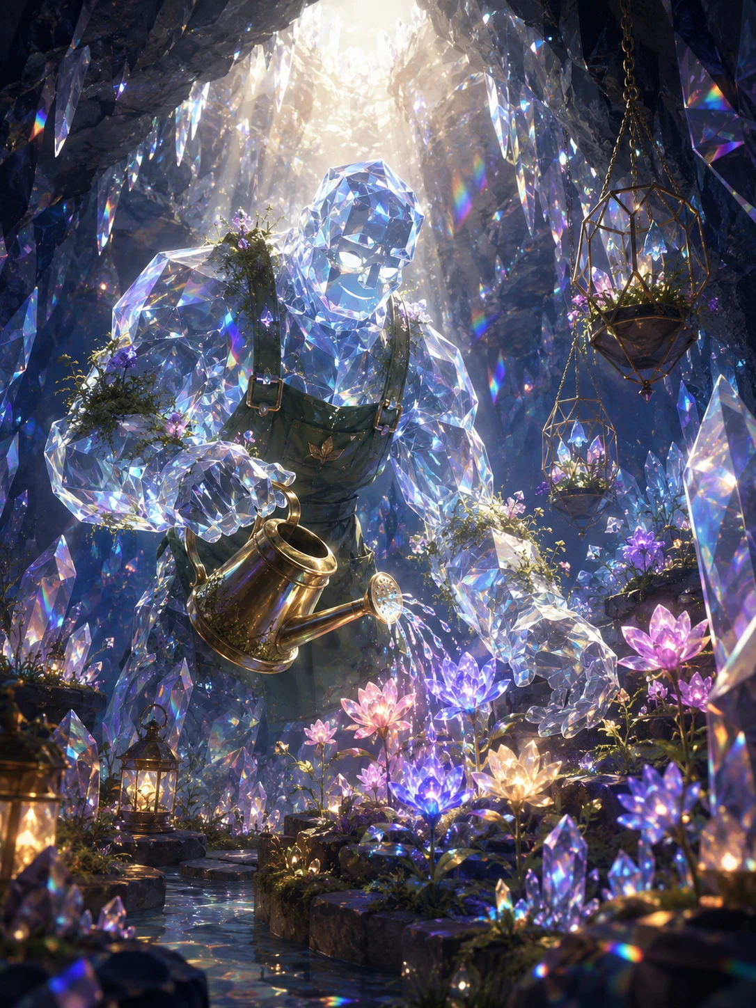 Jardineiro golem de cristal cuidando de flores brilhantes em uma caverna
