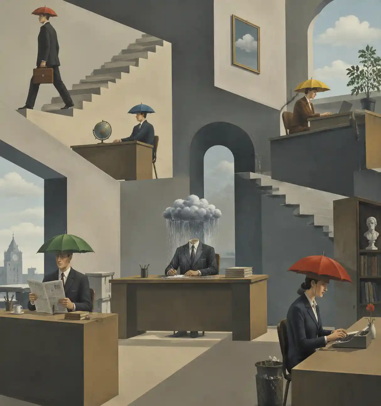 商人在自己專屬雨雲下的超現實辦公室場景