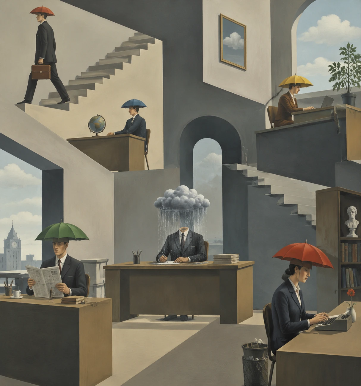 Escena de oficina surreal con un empresario bajo su nube de lluvia personal