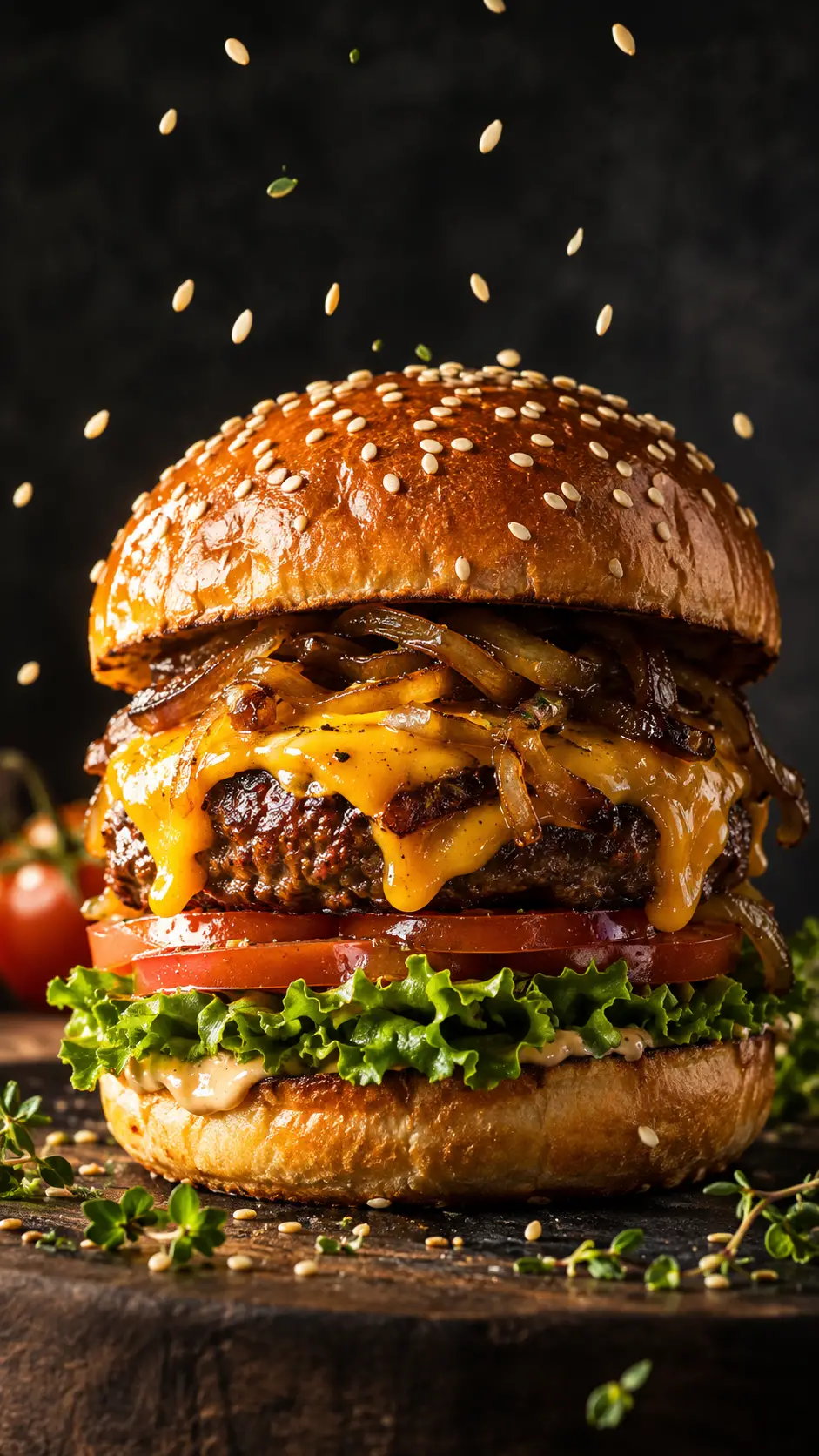 Gourmet-Cheeseburger, hoch gestapelt im dramatischen Food-Light