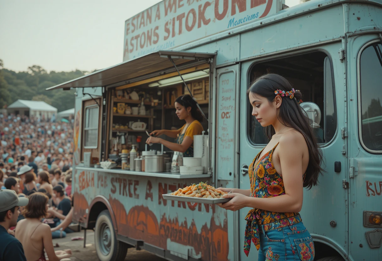 Mulher servindo comida de um food truck em show ao ar livre