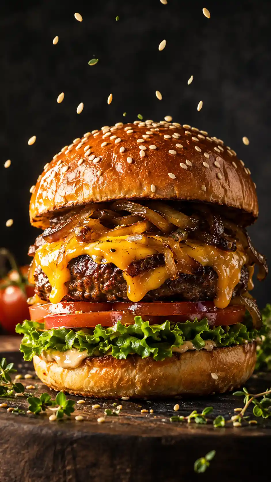 Hamburguesa con queso gourmet apilada en una iluminación gastronómica dramática