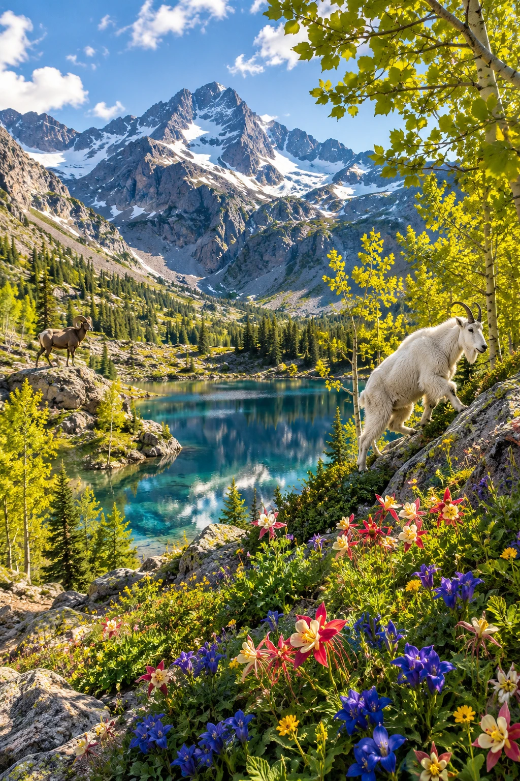 Stiller Alpensee, der Wildblumen in den Rocky Mountains spiegelt