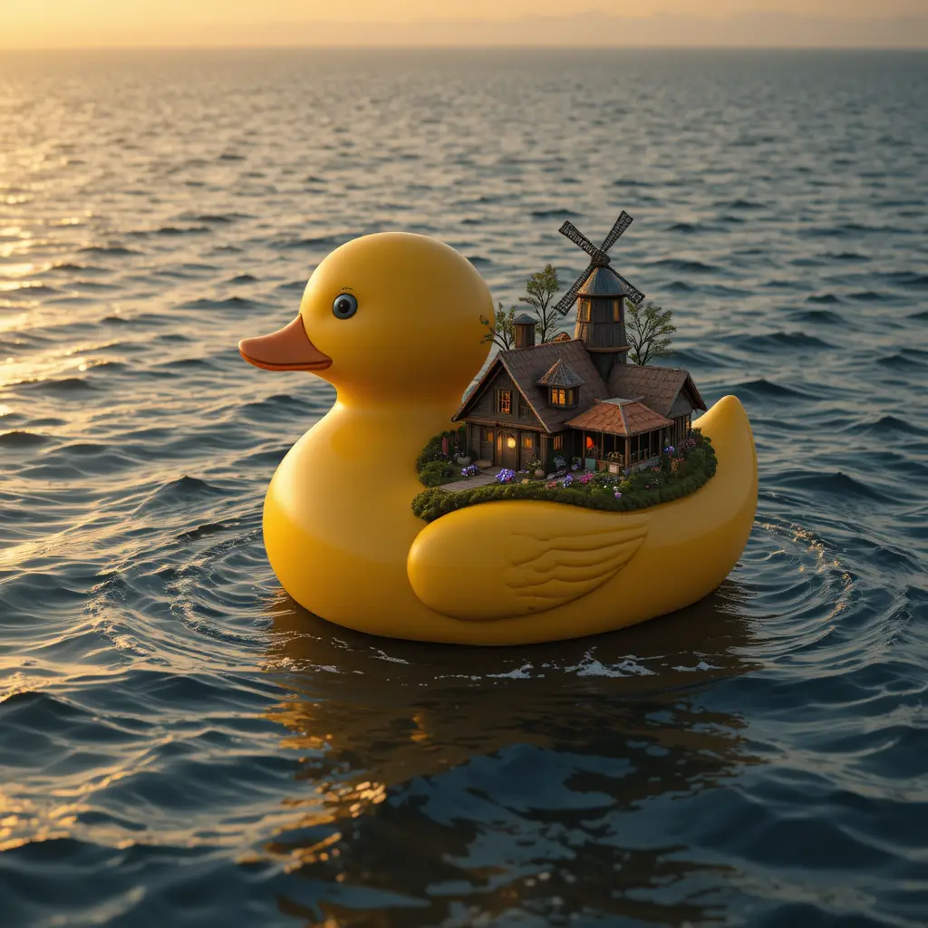 Giant Rubber Duck Carrying A Tiny Village At Sea