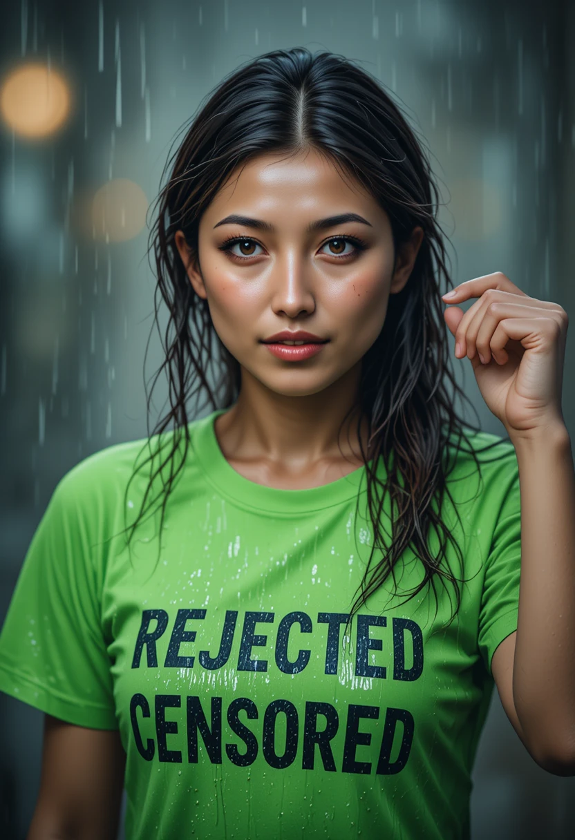 Jovem mulher na chuva usando camiseta verde molhada com as palavras Rejected e Censored