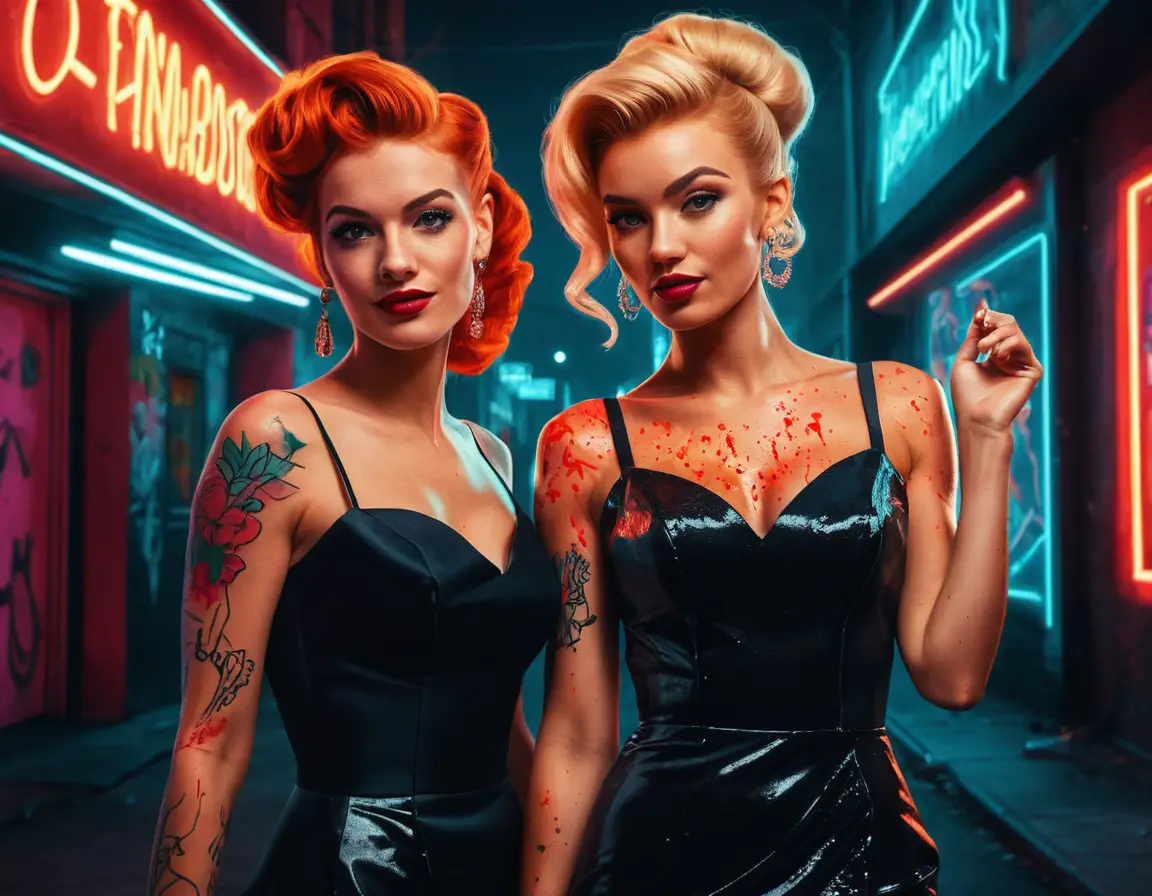 Zwei glamouröse sportliche Frauen in einer Neon-Pin-up-Illustration