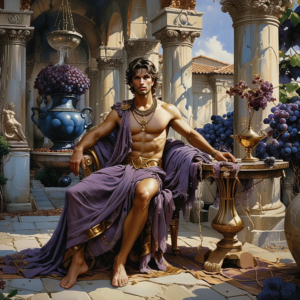 Uomo bronzeo e divino in un lussuoso cortile mitico