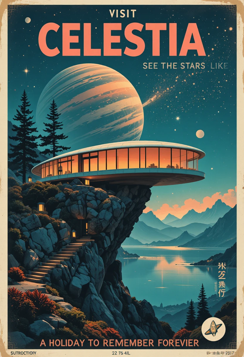 Retro-Weltraumhaus mit Blick auf eine ferne fremde Welt