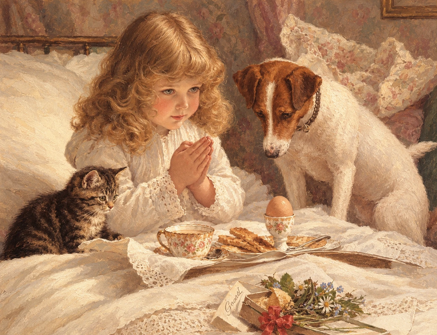 Menina agradecendo na cama com cachorro e gato