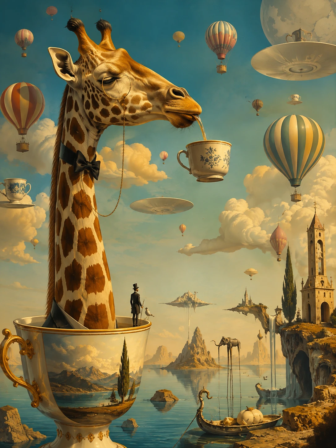Girafa surreal tomando chá entre balões flutuantes