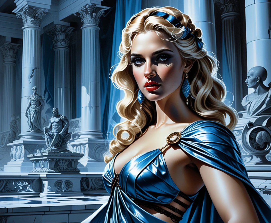 Noble femme blonde en toge devant un palais romain