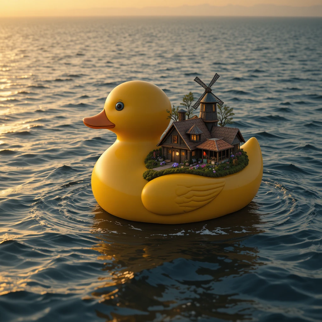 Giant Rubber Duck Carrying A Tiny Village At Sea