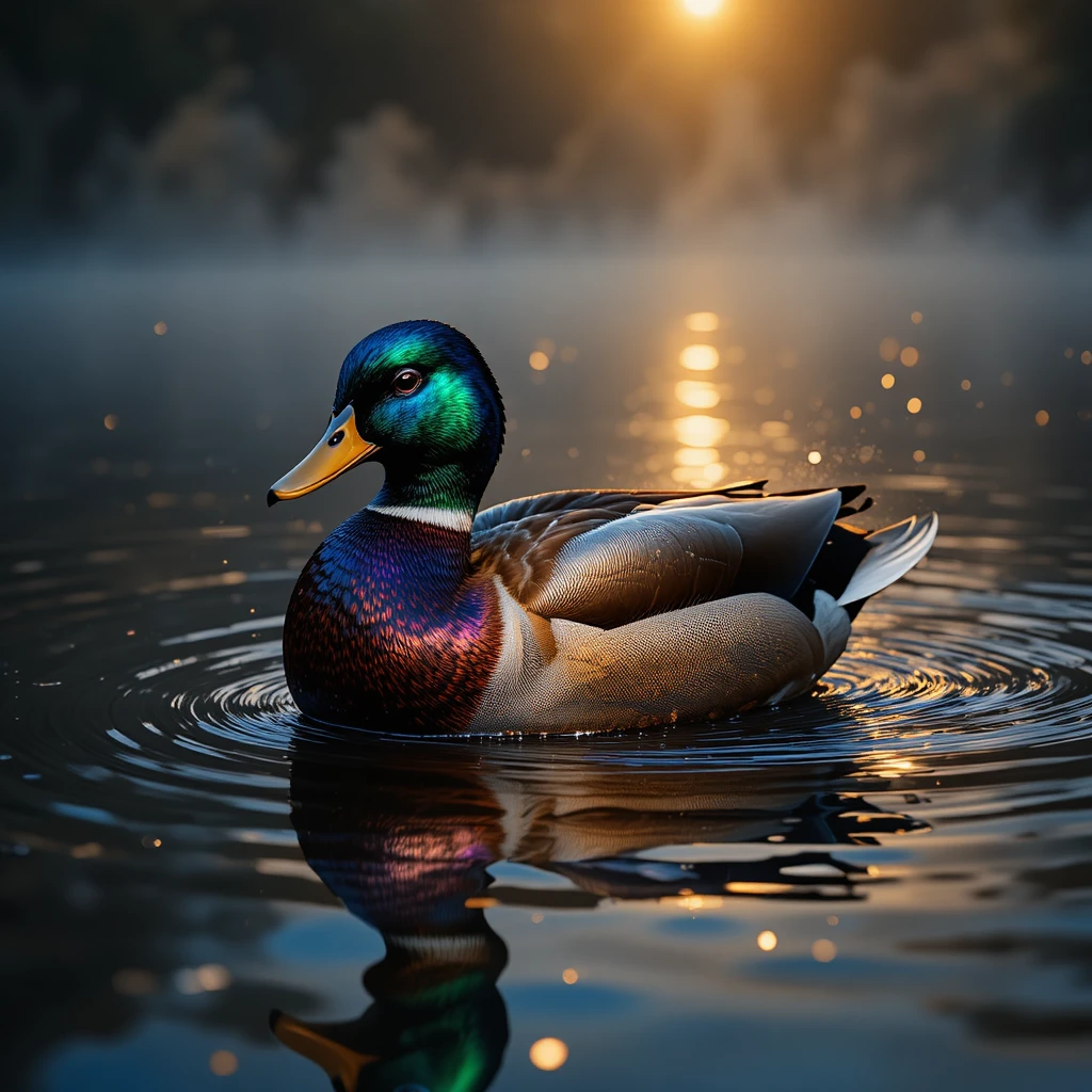 Pato real deslizando em um lago enevoado ao nascer do sol