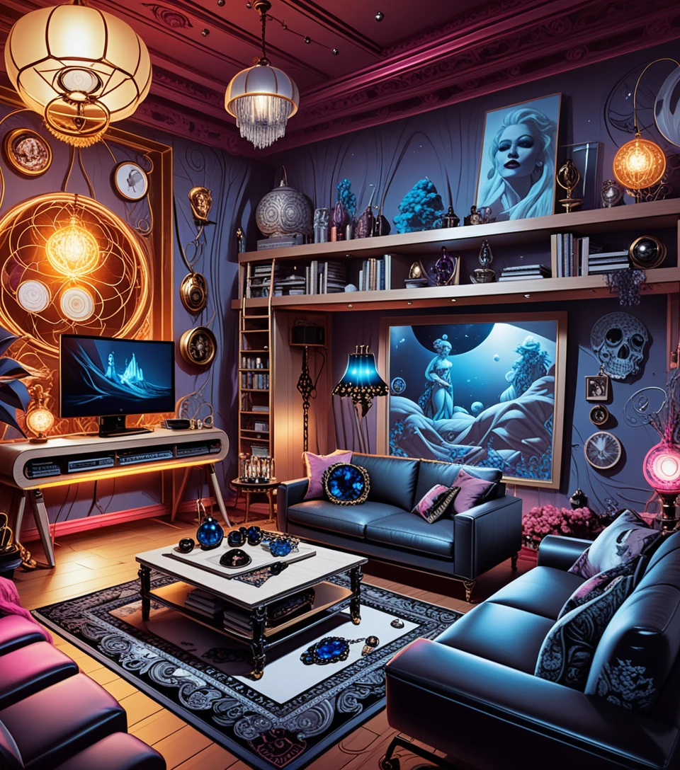 Sala 3D com clima sombrio em estilo decorativo eclético e escuro