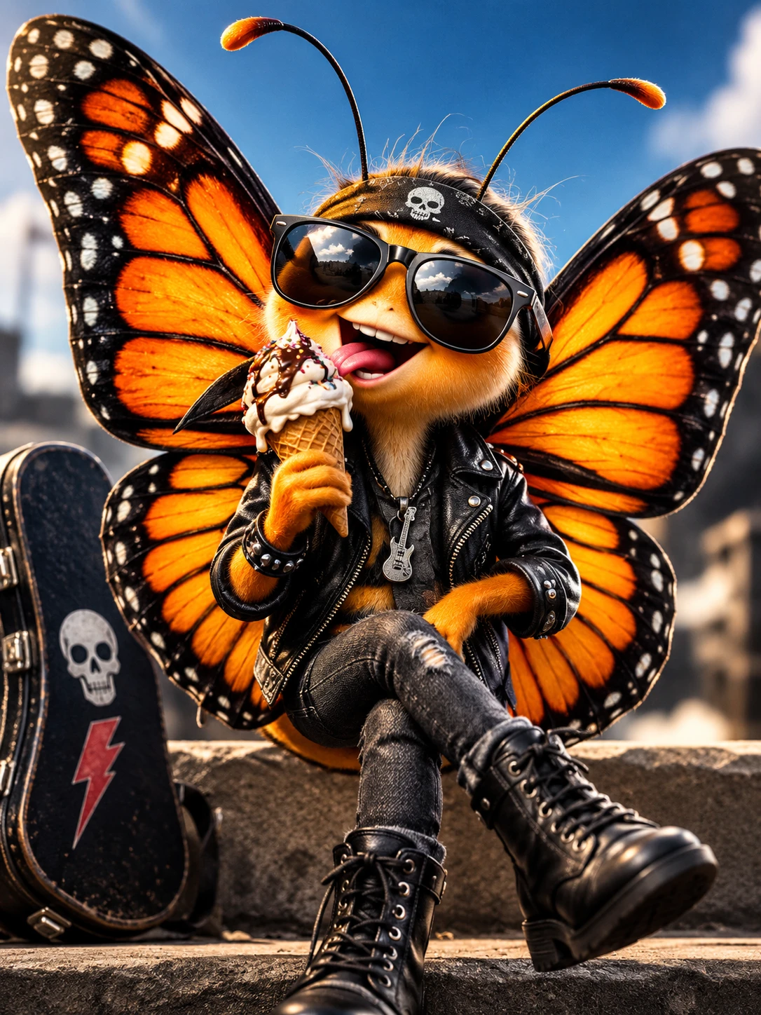 Borboleta alegre em desenho animado curtindo sorvete em estilo hipster