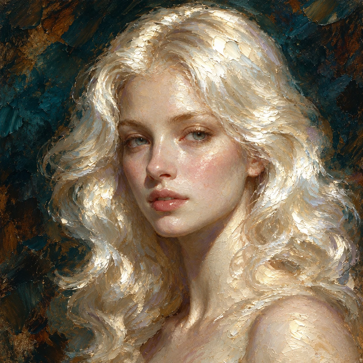 Retrato a óleo de uma mulher de cabelo platinado em luz dramática