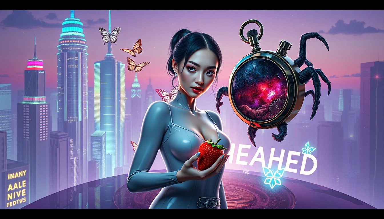 Mulher surreal em cidade utópica cromada ao crepúsculo lavanda