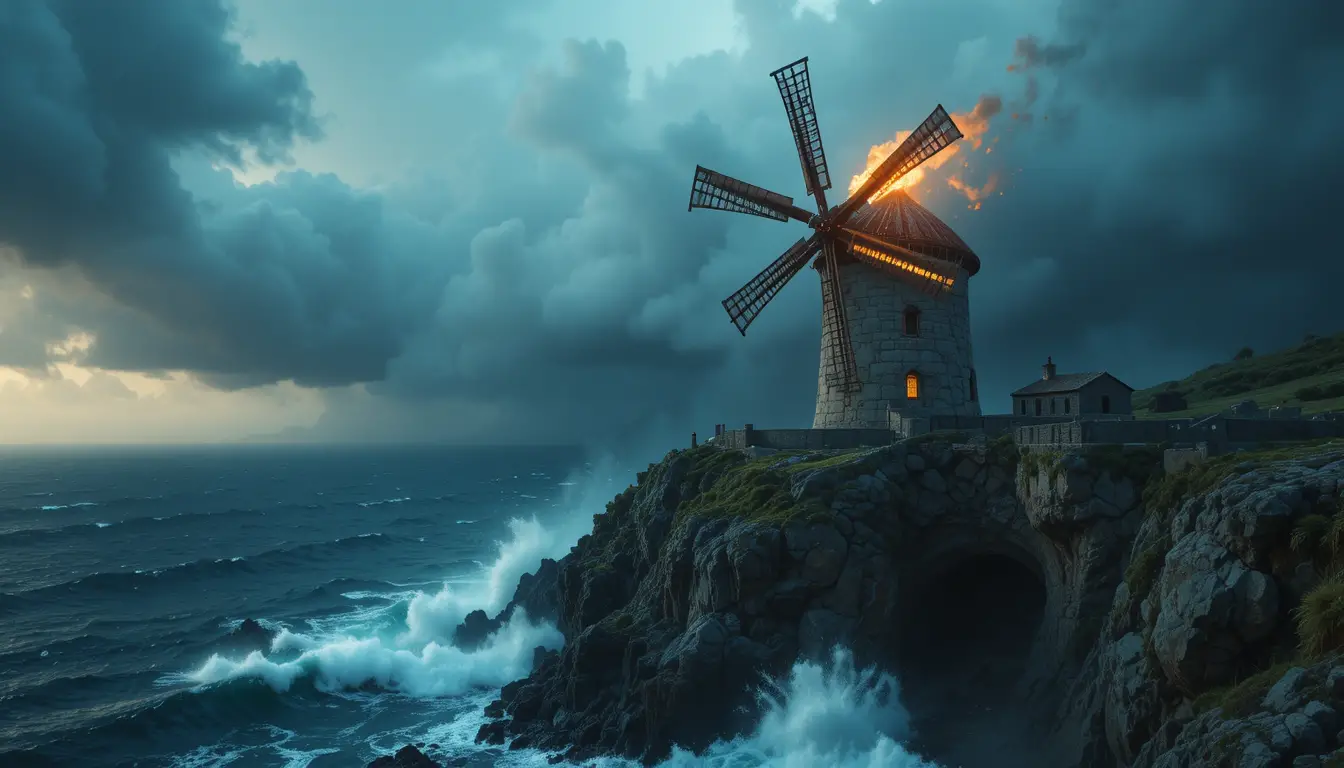Stürmische Küstenwindmühle leuchtet über brechenden Meereswellen