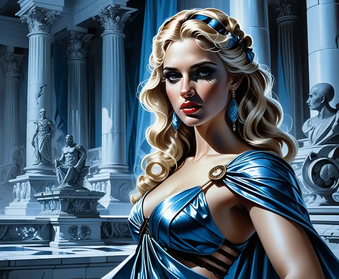Blonde noble woman in toga before a Roman palace