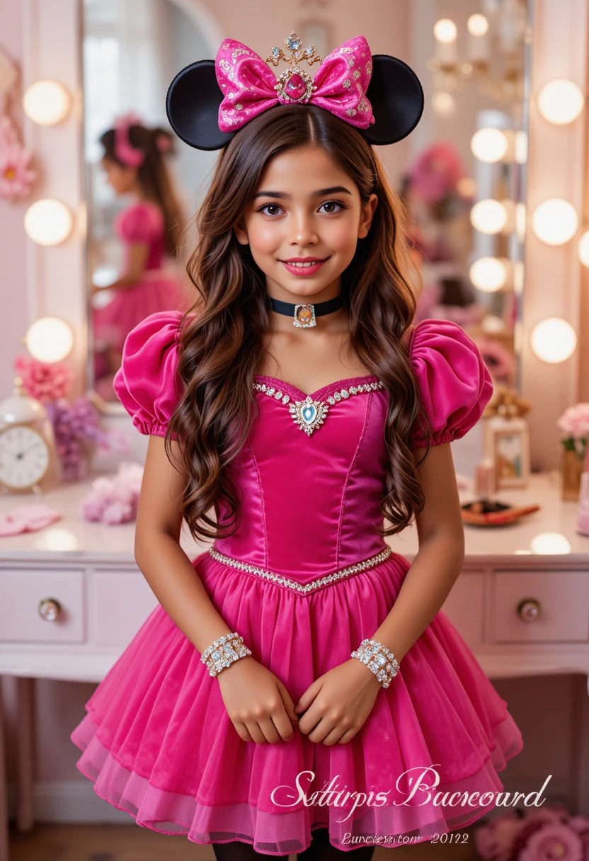 Garoto pré-adolescente com fantasia de princesa Minnie em frente à penteadeira