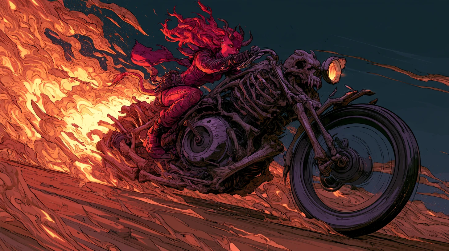 Demon biker woman racing through a fiery desert night