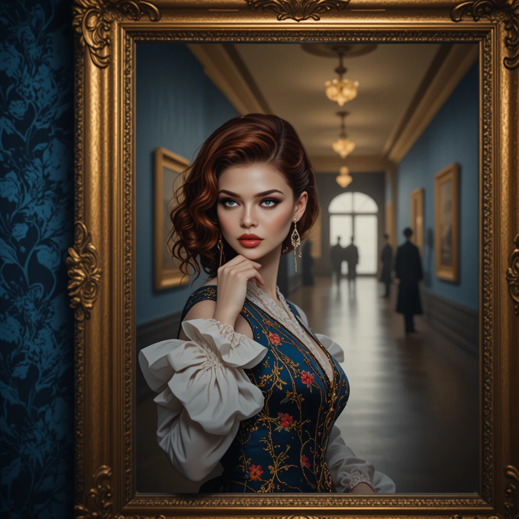 Mulher ruiva em moldura dourada em uma galeria luxuosa