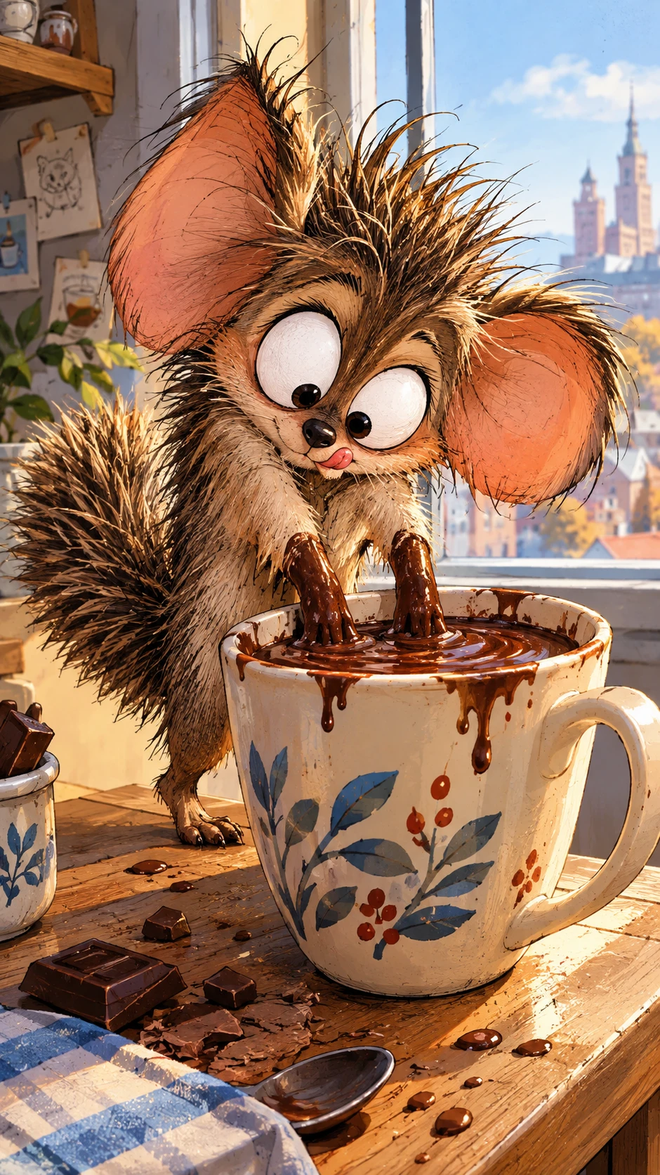 Créature en chocolat hirsute jouant dans une tasse de café