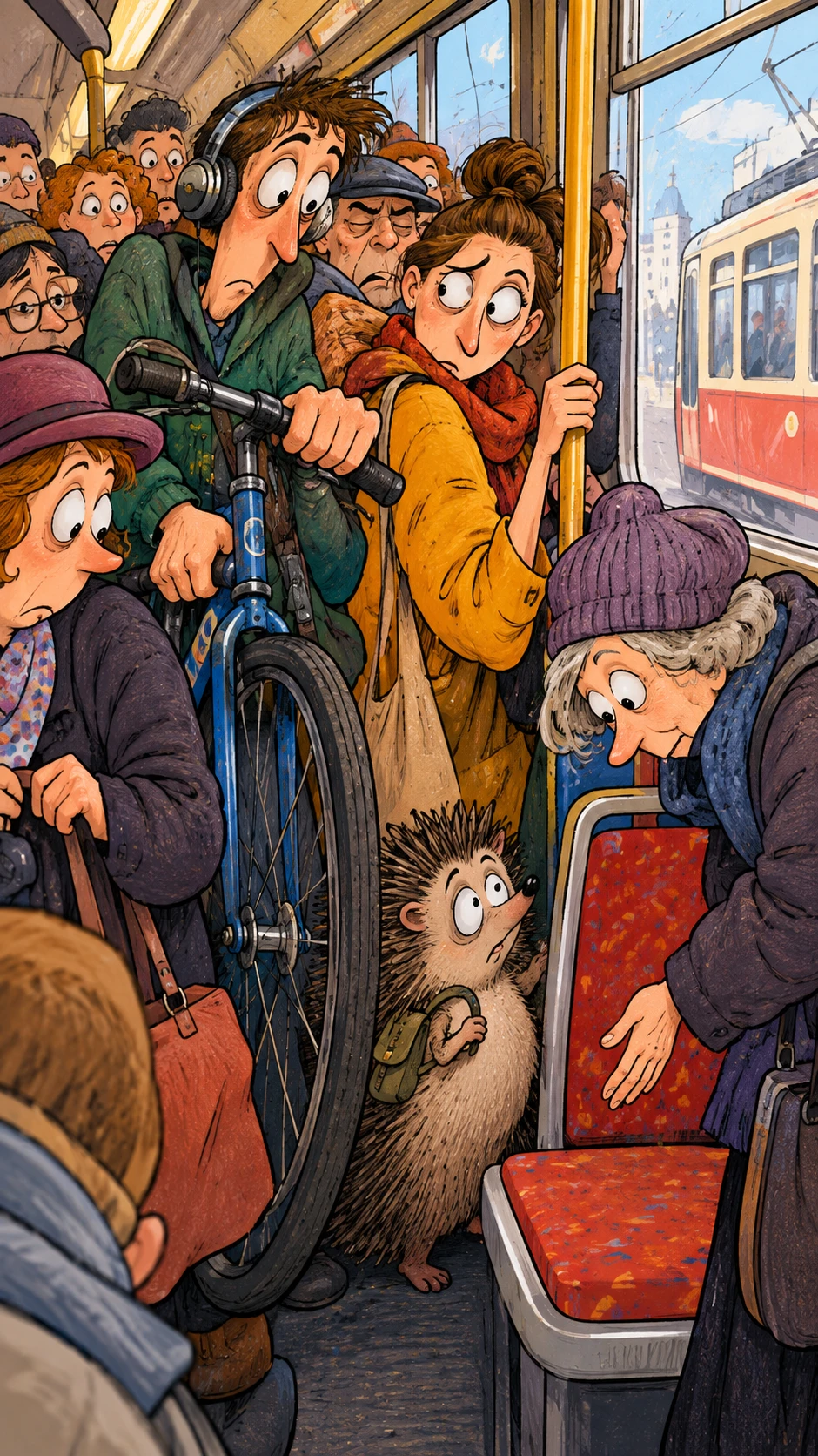 Tram caricatural humoristique bondé de passagers et d’un vélo