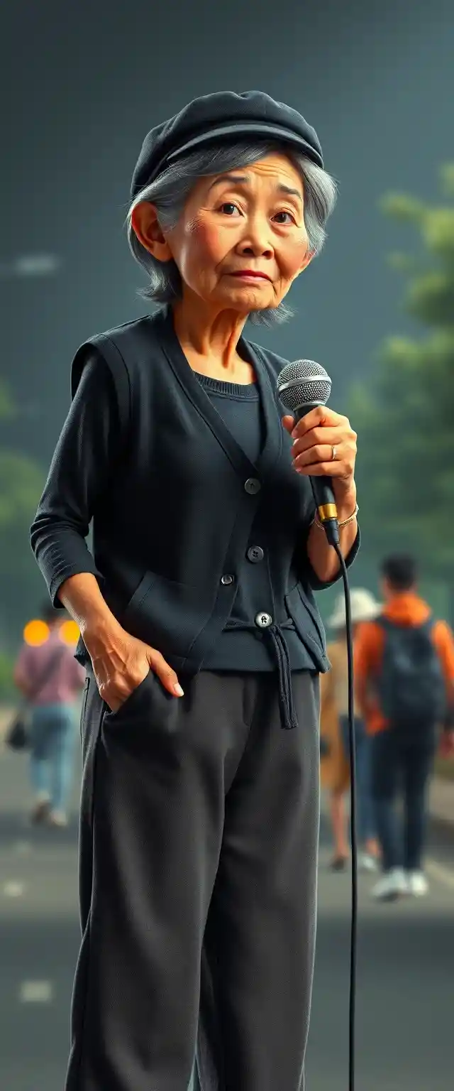 Elderly Vietnamese woman singing karaoke in studio portrait