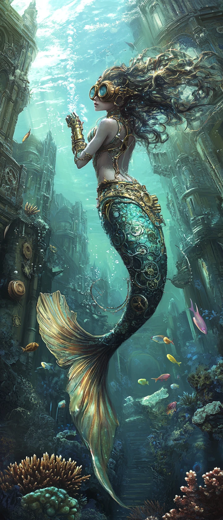 Sereia steampunk em uma cidade subaquática luminosa de engrenagens