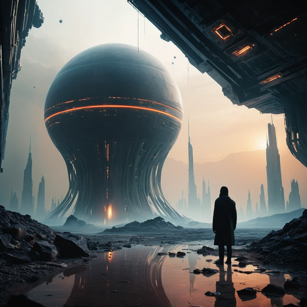 Cinematic wide view of a lone traveler in a silent spaceport