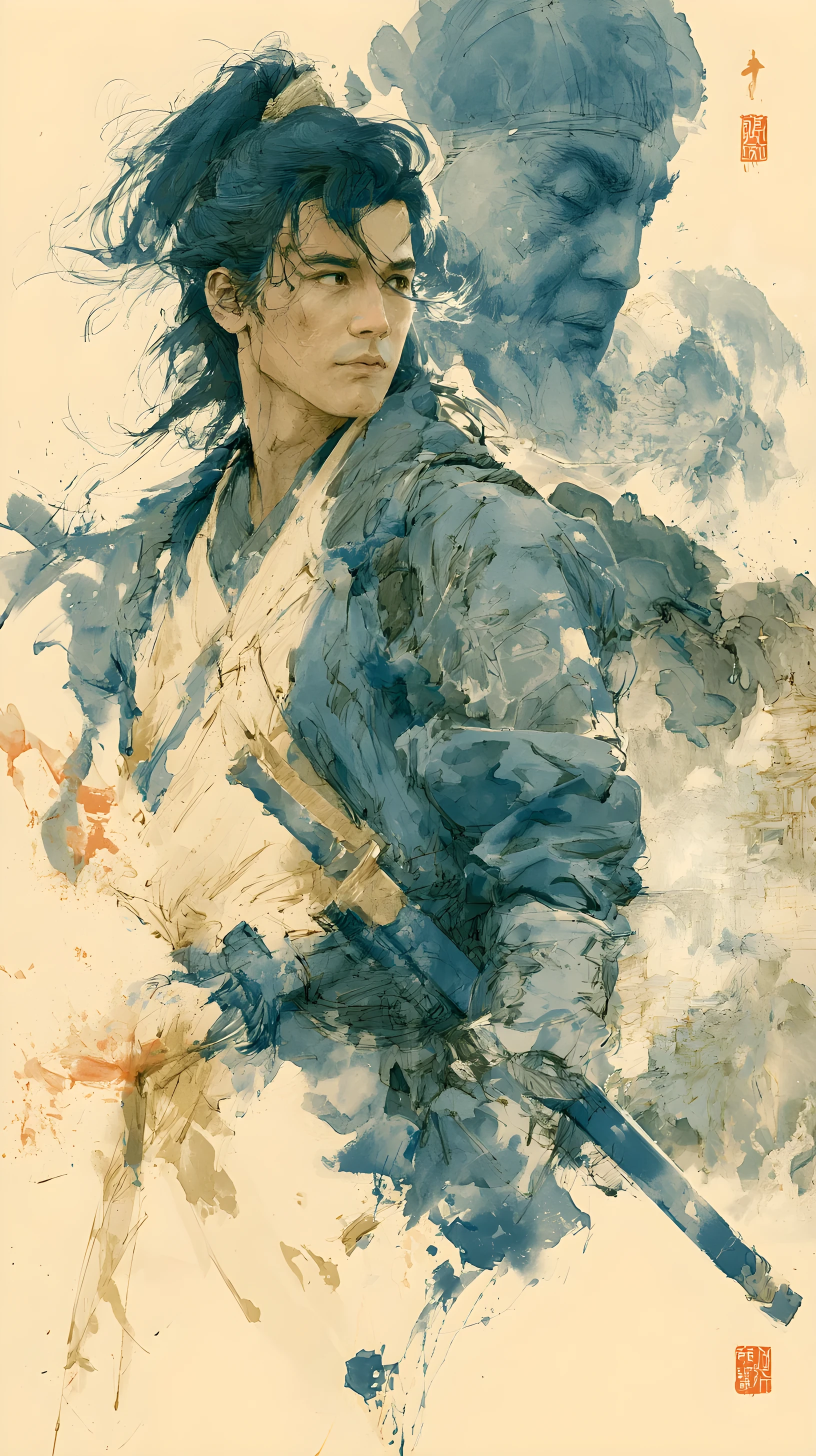 Wuxia-Heldin in einer Tusch- und Aquarell-Berglandschaft