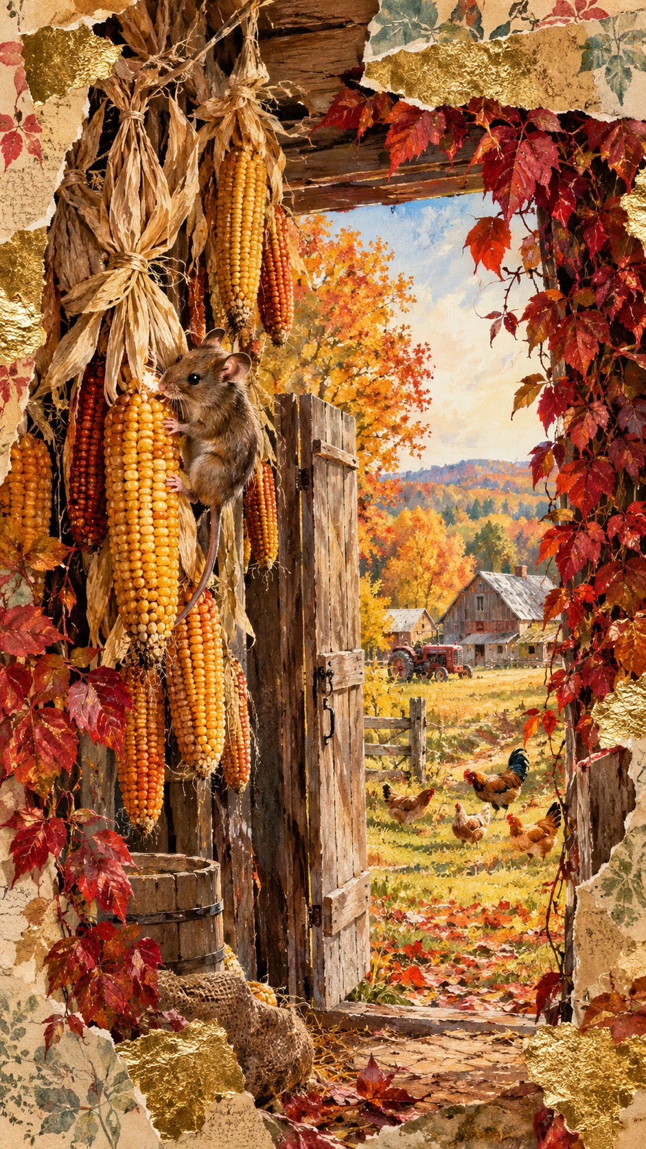Scena autunnale di fattoria con fienile e topo sul mais appeso