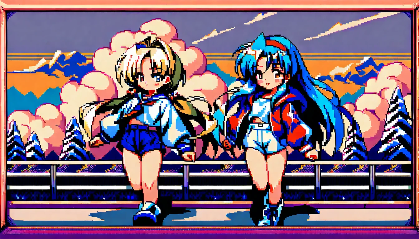 Pixel-Art-Anime-Mädchen, das eine bewölkte Stadtstraße entlangläuft