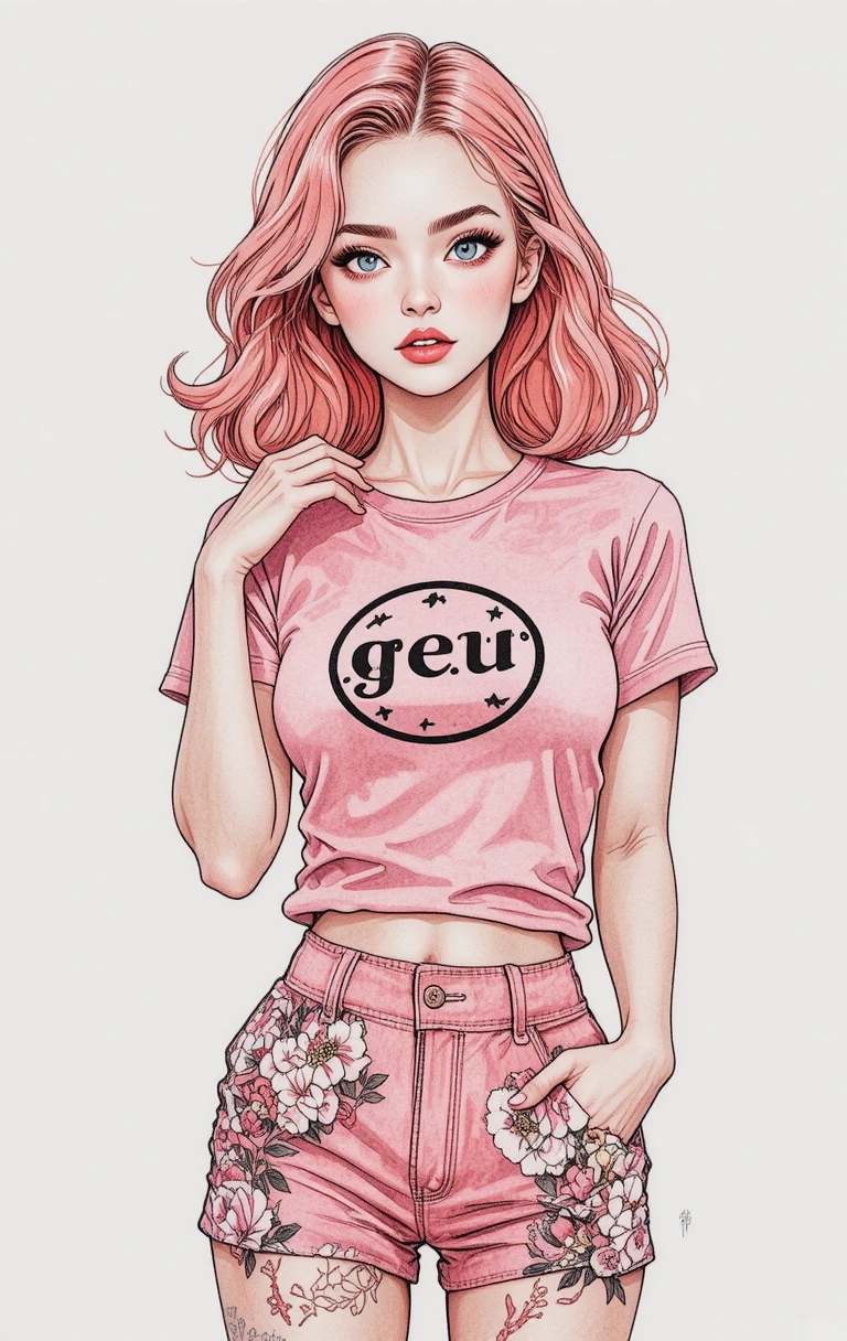 Stylized manga inspired girl in pink outfit facing forward