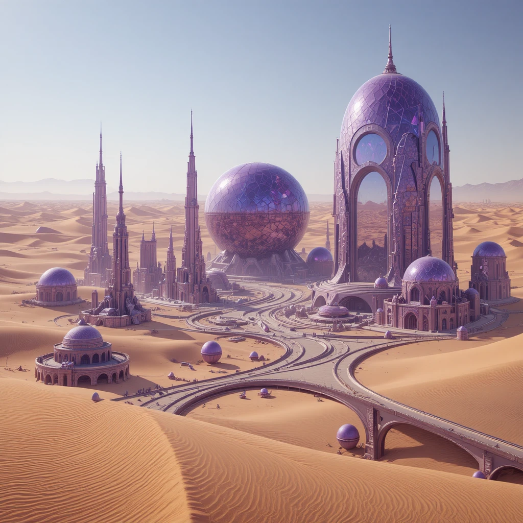 Cidade futurista no deserto com esferas de ametista entre dunas douradas