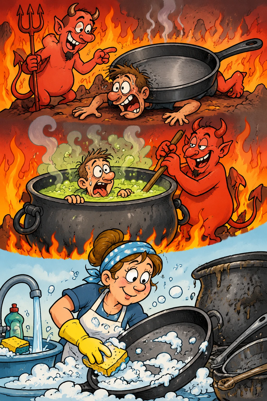 Playful comic illustration of humorous hell kitchen scene