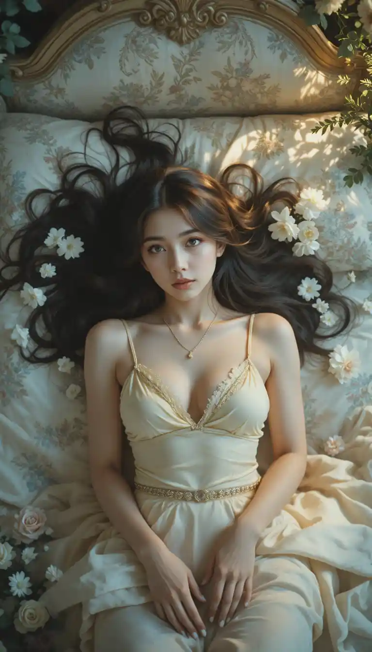 沐浴在溫暖金色光線中的華麗床上年輕女子